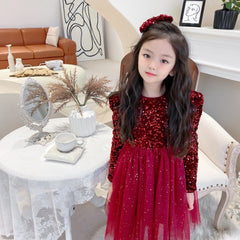 Red Long Sleeves Sequin Sparkling Tulle Princess Velvet Dress From 2 - 8 Years