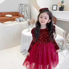 Red Long Sleeves Sequin Sparkling Tulle Princess Velvet Dress From 2 - 8 Years