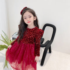 Red Long Sleeves Sequin Sparkling Tulle Princess Velvet Dress From 2 - 8 Years