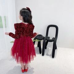 Red Long Sleeves Sequin Sparkling Tulle Princess Velvet Dress From 2 - 8 Years