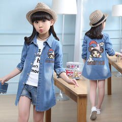 Blue Full Sleeves Front And Back Printed Long Washed Denim Coat For Girls From 3-10 Years