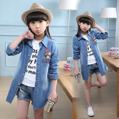 Blue Full Sleeves Front And Back Printed Long Washed Denim Coat For Girls From 3-10 Years