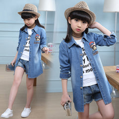 Blue Full Sleeves Front And Back Printed Long Washed Denim Coat For Girls From 3-10 Years