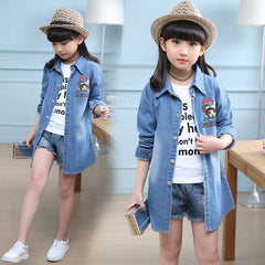 Blue Full Sleeves Front And Back Printed Long Washed Denim Coat For Girls From 3-10 Years