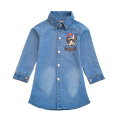 Blue Full Sleeves Front And Back Printed Long Washed Denim Coat For Girls From 3-10 Years