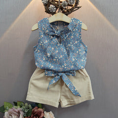 Blue Sleeveless Printed Top & Biege Shorts Set With Belt From 2-7 years