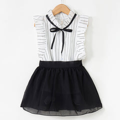 White n Black Flutter Sleeves Top & Skirt Set With Tie From 2-7 Years