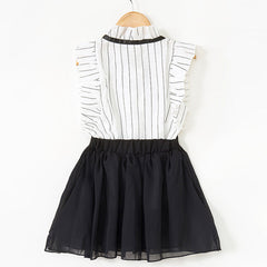 White n Black Flutter Sleeves Top & Skirt Set With Tie From 2-7 Years