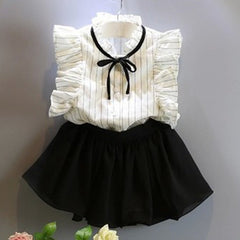 White n Black Flutter Sleeves Top & Skirt Set With Tie From 2-7 Years