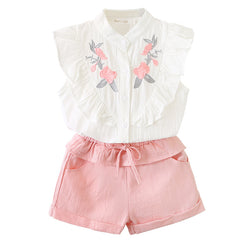 White n Pink Flutter Sleeves Printed Top & Shorts Set From 2-7 Years