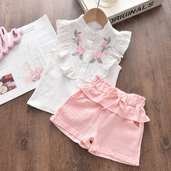 White n Pink Flutter Sleeves Printed Top & Shorts Set From 2-7 Years