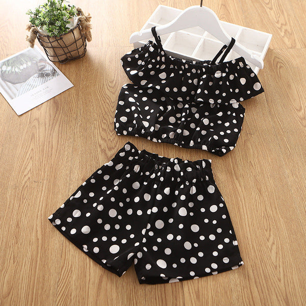 Black n White Short Sleeves Cold Shoulder Polka Dot Top & Shorts Set From 3-6 Years