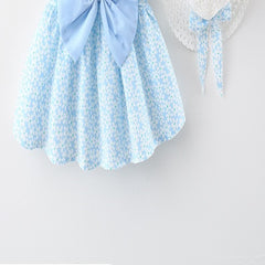 Aqua Blue Sleeveless Flower Print Bow Attached Frock With Hat From 9 Months-4 Years