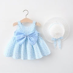 Aqua Blue Sleeveless Flower Print Bow Attached Frock With Hat From 9 Months-4 Years