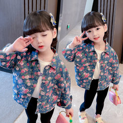 Blue Full Sleeves Floral Printed Design Denim Jacket For Girls From 1-6 Years