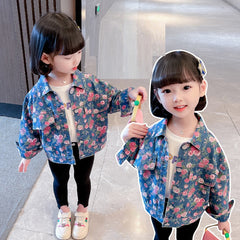 Blue Full Sleeves Floral Printed Design Denim Jacket For Girls From 1-6 Years