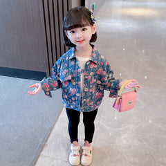 Blue Full Sleeves Floral Printed Design Denim Jacket For Girls From 1-6 Years