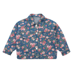 Blue Full Sleeves Floral Printed Design Denim Jacket For Girls From 1-6 Years