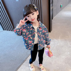 Blue Full Sleeves Floral Printed Design Denim Jacket For Girls From 1-6 Years