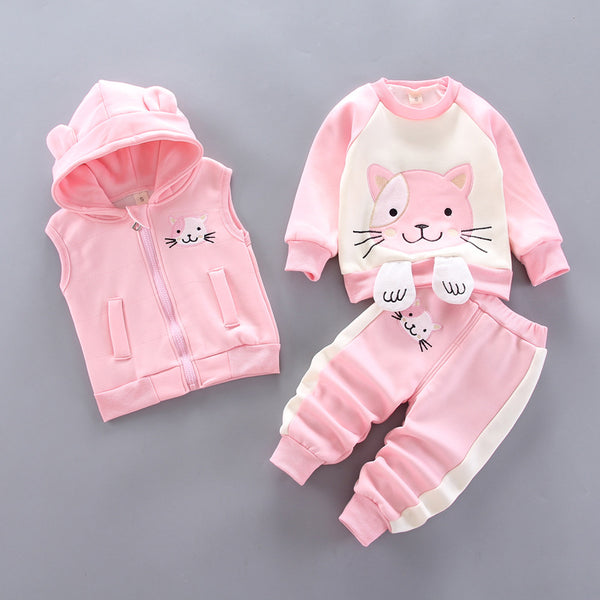 Thick Fleece 3D Catty Design Jacket, Vest & Pant 3Pcs Warm Outfit From 9 Months-4 Years