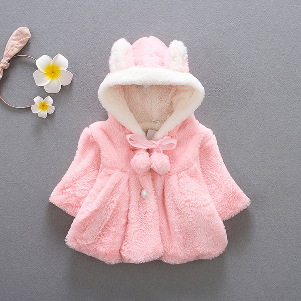 White n Pink Full Sleevess Rabbit Ears Fleece Faux Fur Cloak Coat From 3 Months-3 Years