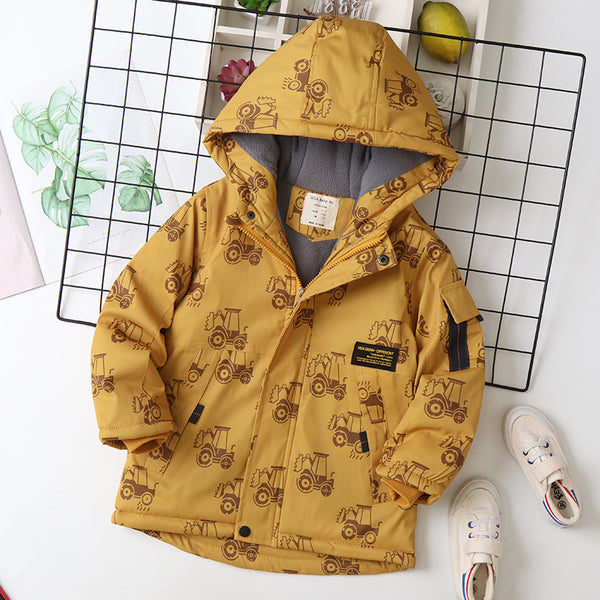 Full Sleeves Cartoon Cars Printed Winter Thicken Hooded Jacket From 3-9 Years