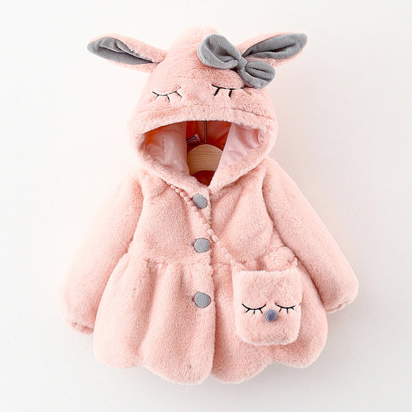 Full Sleeves Bow Applique Sheep Fleece Hoodies Winter Coat With Sling Bag From 9 Months-4 Years