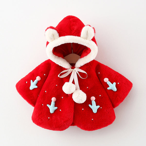 Red Full Sleeves Cute Rabbit Ears Cactus Applique Pearls Embroidered Warm Fleece Cape Outerwear From 9 Months- 4 Years