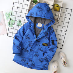 Full Sleeves Cartoon Cars Printed Winter Thicken Hooded Jacket From 3-9 Years