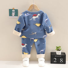 Blue Full Sleeves Dino Printed Fleece Pullover With Matching Joggers From 9 Months-4 Years