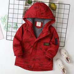 Full Sleeves Cartoon Cars Printed Winter Thicken Hooded Jacket From 3-9 Years