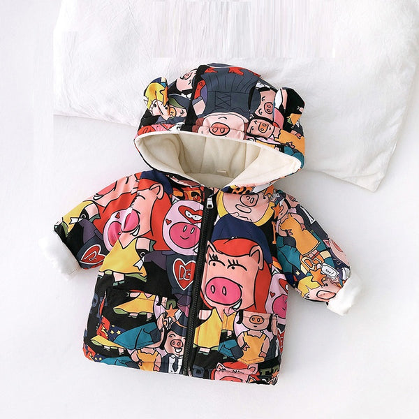 Multicolour Full Sleeves Overall Printed Rabbit Ears Hooded Jacket From 9 Months-5 Years