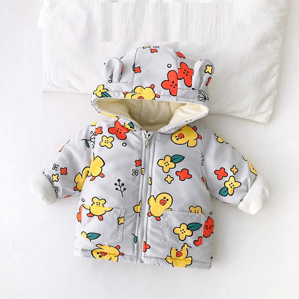 Grey Full Sleeves Overall Printed Rabbit Ears Hooded Jacket From 9 Months-5 Years