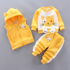 Thick Fleece 3D Catty Design Jacket, Vest & Pant 3Pcs Warm Outfit From 9 Months-4 Years