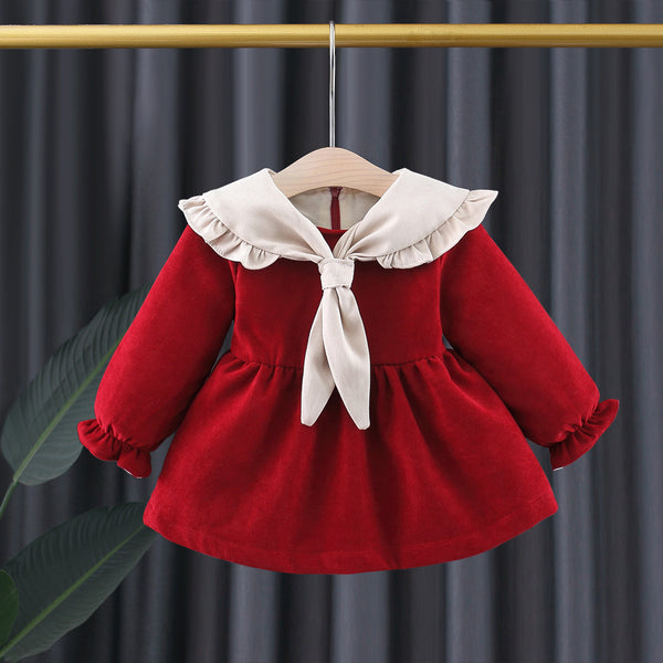 Red Flounce Sleeves  Ptere Pan Neck Thickened Princess Winter Dress From 9 Months- 4 Years