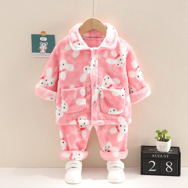 Velvety Pink Full Sleeves Overall Printed Daily Winter Wear Set From 9 Months-5 Years