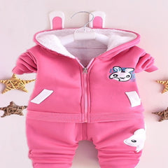 Velvety  Full Sleeves Rabbit Print Thick Warm Fleece Ear Hoodie With Joggers From 9 Months-4 Years