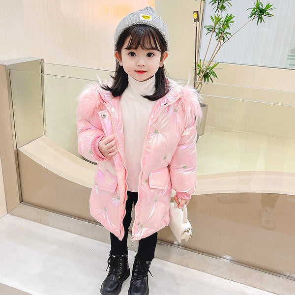 Full Sleeves Solid Padded Crown Foil Print Detachable Faux Fur Trim Long Winter Hooded Jacket From1-6 Years