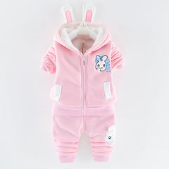 Velvety  Full Sleeves Rabbit Print Thick Warm Fleece Ear Hoodie With Joggers From 9 Months-4 Years