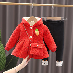 Full Sleeves Velveted Quilted Long Coat and Warm Printed Legging Set With Carrot Brooch & Sling Bag From 9 Months-5 Years