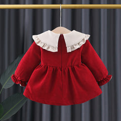 Red Flounce Sleeves  Ptere Pan Neck Thickened Princess Winter Dress From 9 Months- 4 Years