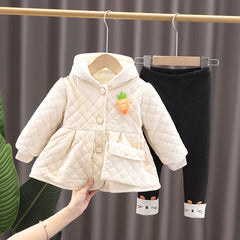 Full Sleeves Velveted Quilted Long Coat and Warm Printed Legging Set With Carrot Brooch & Sling Bag From 9 Months-5 Years