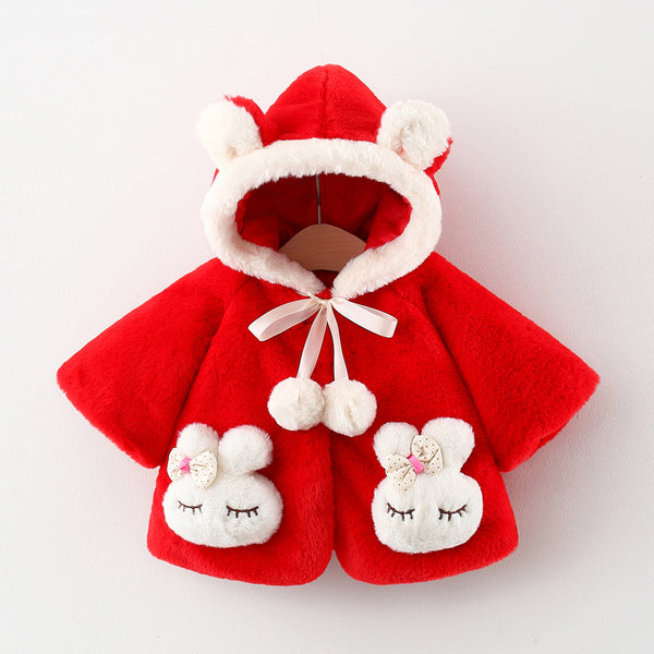 Red Full Sleeves Cute Rabbit Ears Kitty Applique Warm Fleece Cape Outerwear From 9 Months- 4 Years