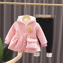 Full Sleeves Velveted Quilted Long Coat and Warm Printed Legging Set With Carrot Brooch & Sling Bag From 9 Months-5 Years