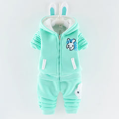 Velvety  Full Sleeves Rabbit Print Thick Warm Fleece Ear Hoodie With Joggers From 9 Months-4 Years