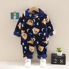 Velvety Navy Blue Full Sleeves Bear Printed Daily Winter Wear Set From 9 Months-5 Years