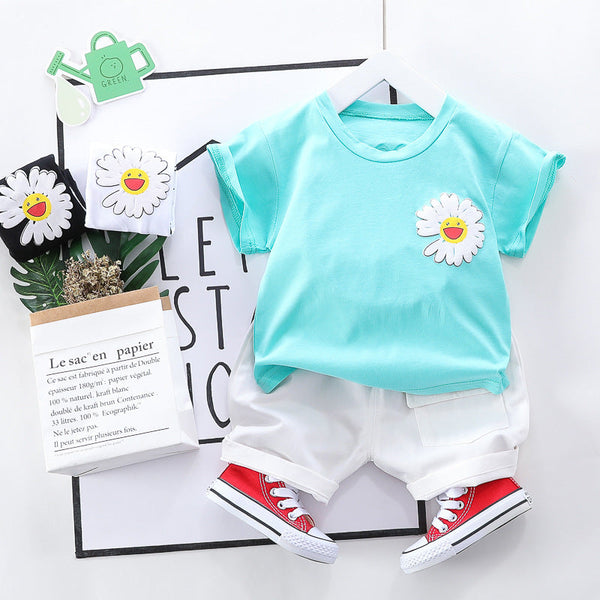 Half Sleeves Flower Print Tee With White Shorts From 9 Months-4 Years