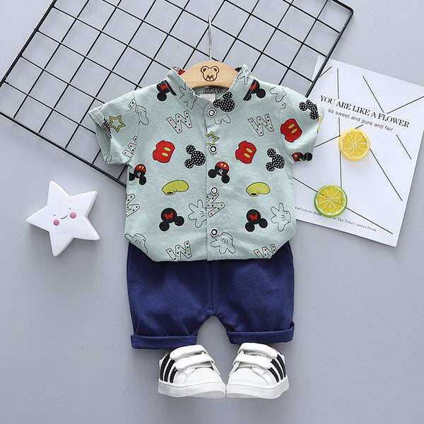 Cartoon Print Front Button Half Sleeves Shirt With Shorts From 9 Months-4 Years