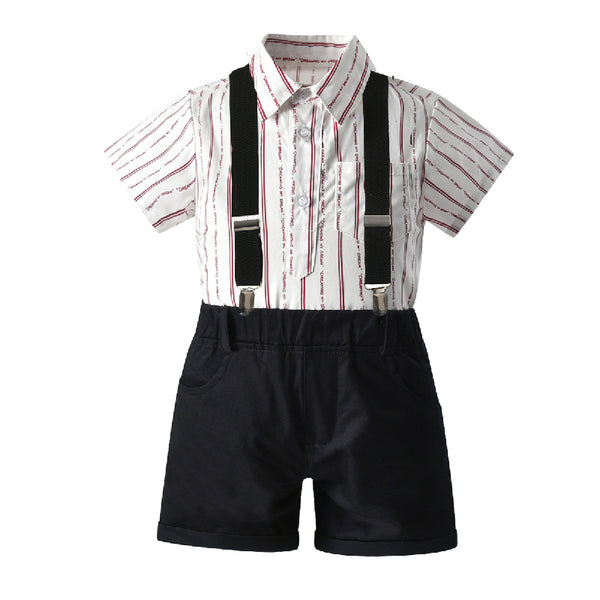 White Half Sleeves Striped Shirt & Black Shorts With Suspenders From 9 Months-6 Years