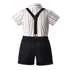 White Half Sleeves Striped Shirt & Black Shorts With Suspenders From 9 Months-6 Years